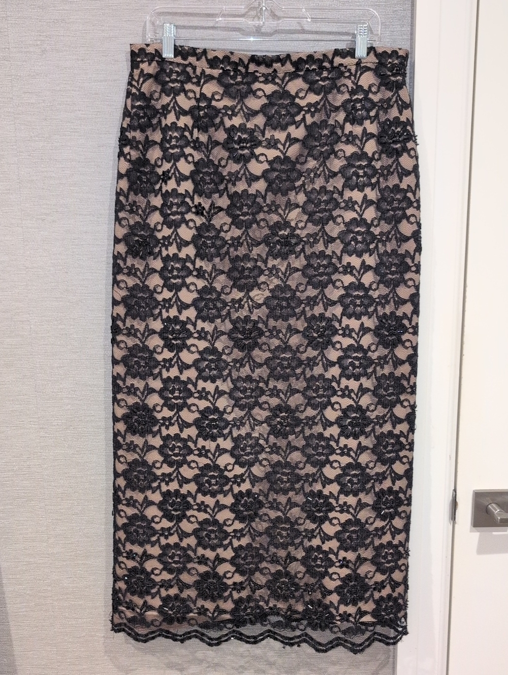 Sandra Darren Black Lace Pencil Skirt with Nude Underlay, Scalliped Hem